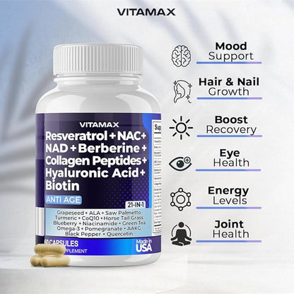 Vitamax Resveratrol NAD+ Berberine Hyaluronic Acid 21-in-1 Women 120 Count