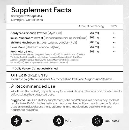ACEWORKZ 10 Mushroom Complex Supplement - Lions Mane, Reishi and Cordyceps & More - Nootropic for Brain Health, Memory & Focus - Immunity & Energy (90 Capsules)