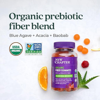 New Chapter Organic Fiber Gummies for Adults, up to 8g Plant-Based Prebiotic Fiber for Digestive Health, Vegan, Non-GMO, USDA Organic, Gluten Free, Citrus-Berry Flavored, 60 ct