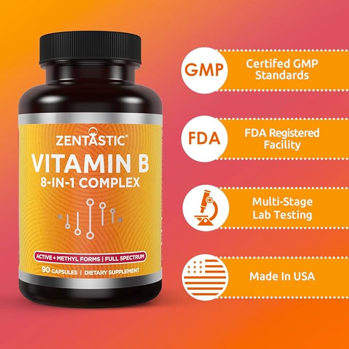 Vitamin B-Complex - All B Vitamins B12, B6, B6, B9 B9 Folic 90 Vegan