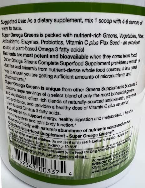 Super Omega Greens Complete Superfood Supplement with Greens, Vegetables, Flax, Fiber, Antioxidants, Enzymes, Probiotics, Vitamin C and Omega 3 - 7.9oz powder