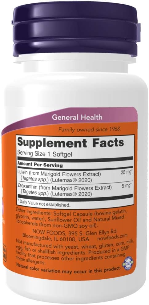 NOW Supplements, Lutein & Zeaxanthin 25 mg 5 mg 60 Softgels (2 Pack)