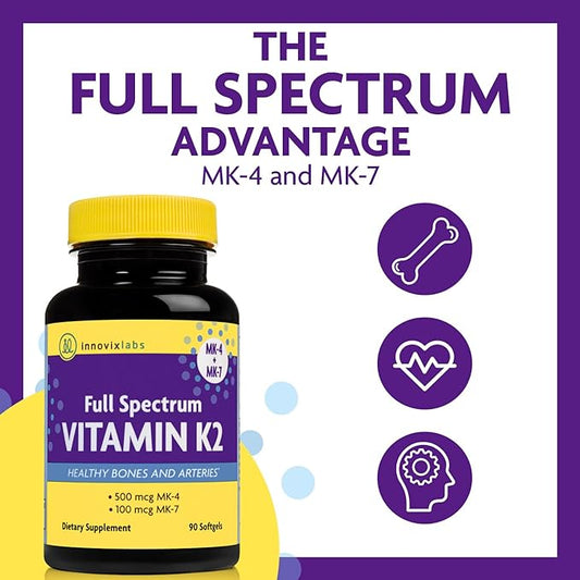InnovixLabs Full Spectrum Vitamin K2 MK-7-90 Capsules K2 Vitamin MK7 & MK4-600 mcg K-2 Vitamins