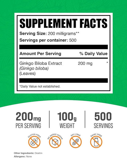 BulkSupplements.com Ginkgo Biloba Extract Powder 200mg per 100g (3.5 (3.5 oz) 1)