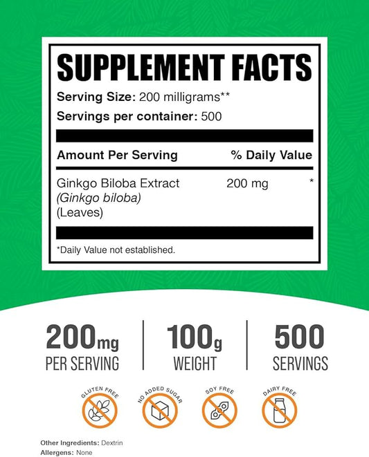 BulkSupplements.com Ginkgo Biloba Extract Powder 200mg per 100g (3.5 (3.5 oz) 1)