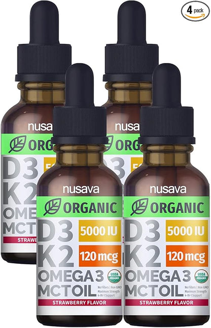 (4 Pack) Organic Vitamin D3 K2 3, 5000 5000 IU, 5000 IU, D3 for 2 Fl