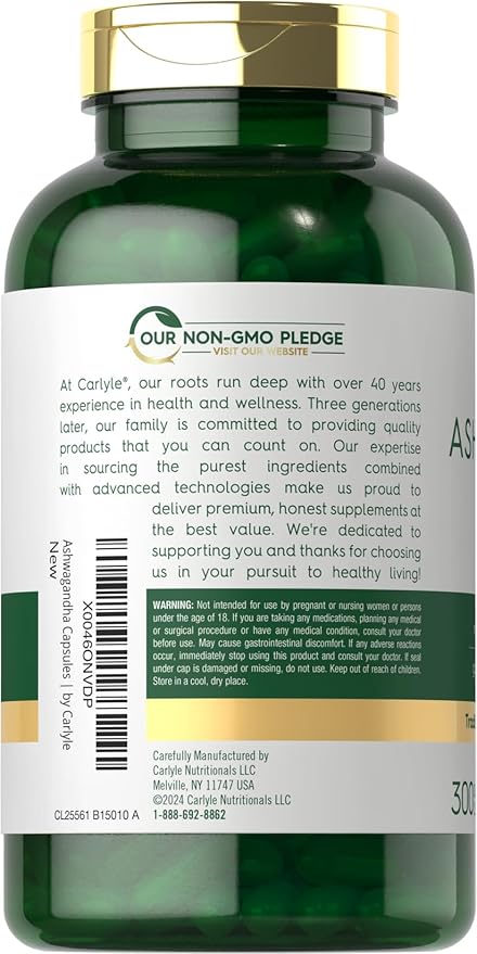 Carlyle Ashwagandha Supplement 3000mg | 300 Capsules | Root Extract for Women and Men | Non-GMO, Gluten Free