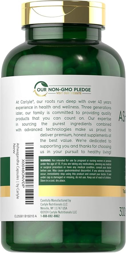 Carlyle Ashwagandha Supplement 3000mg | 300 Capsules | Root Extract for Women and Men | Non-GMO, Gluten Free