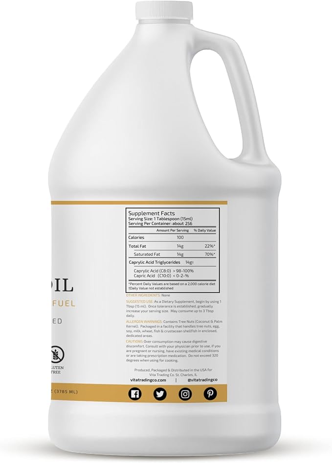 VitaTradingCo. 100% Pure C8 MCT Oil | 3X Distilled Caprylic Acid | Healthy Fat for Clean Energy | Sustainably Sourced | Non-GMO, Paleo, Keto | 128oz, 256 Servings (Unflavored)