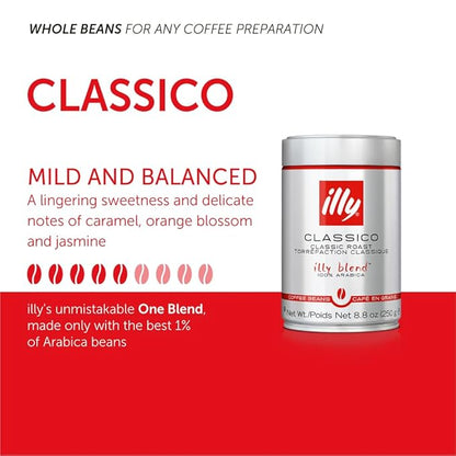 illy Whole Bean Coffee - Perfectly Roasted Whole Coffee Beans – Classico Medium Roast - with Notes of Caramel, Orange Blossom & Jasmine - 100% Arabica Coffee - No Preservatives – 8.8 Ounce, 6 Pack