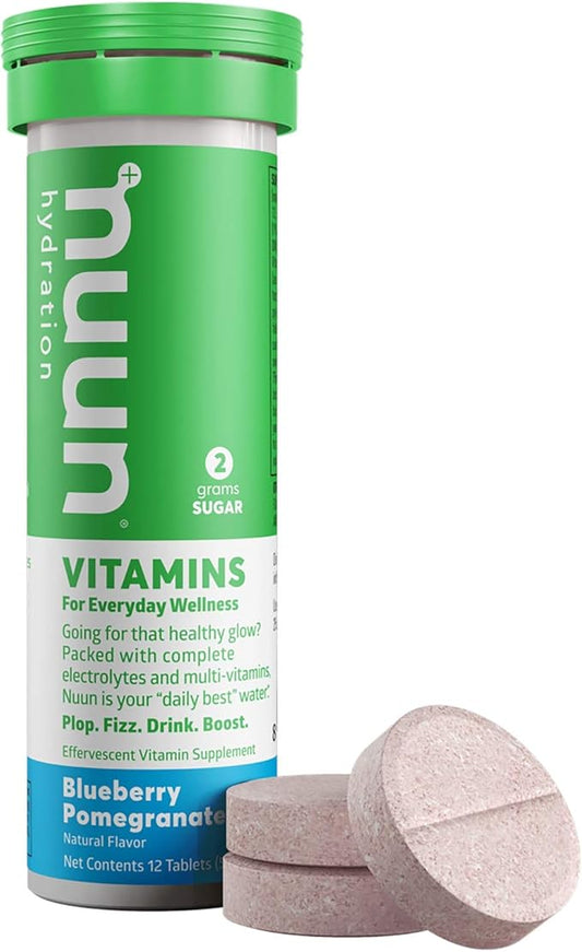 Nuun Hydration Vitamins Electrolyte Tablets, Blueberry Pomegranate, 5 Essential Electrolytes for Hydration + Vitamin A, B6, C, D, E, with Magnesium, Vegan, Non-GMO, 8 Pack (96'Servings)