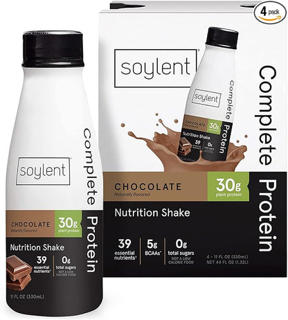 Soylent Complete Protein Shake, Chocolate, 30g Protein, Vegan, Dairy Free and 0g Sugar, Ready to Drink Protein Drinks, 11oz (4 Pack)