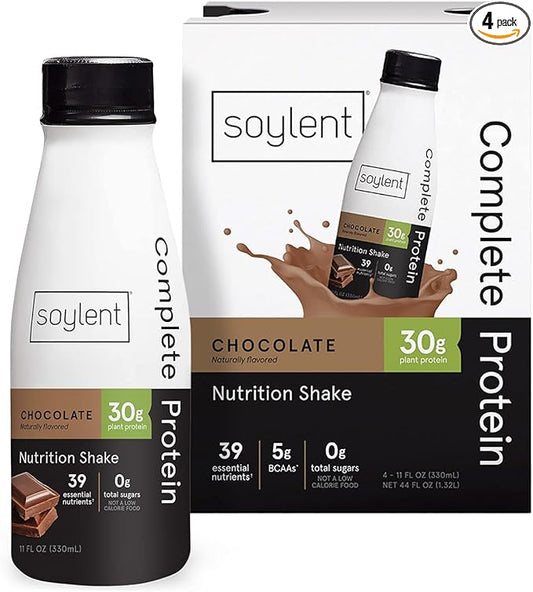 Soylent Complete Protein Shake, Chocolate, 30g Protein, Vegan, Dairy Free and 0g Sugar, Ready to Drink Protein Drinks, 11oz (4 Pack)
