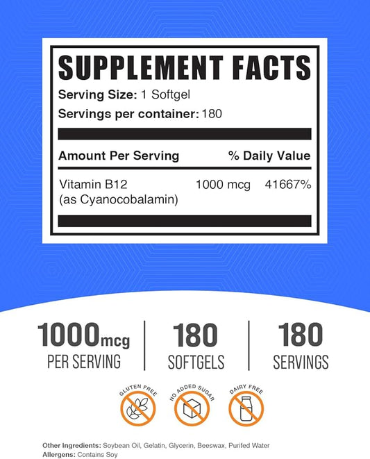 BulkSupplements.com Vitamin B12 1000 mcg Softgels B12 Supplement 1 Softgel 180 Count 1)