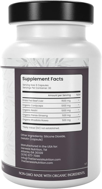 Grass Fed Beef Liver with Reishi 4500mg Iron, B12, Energy, 180 Capsules