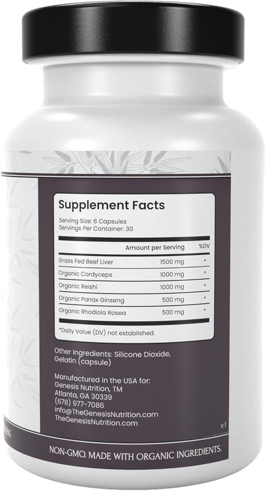 Grass Fed Beef Liver with Reishi 4500mg Iron, B12, Energy, 180 Capsules