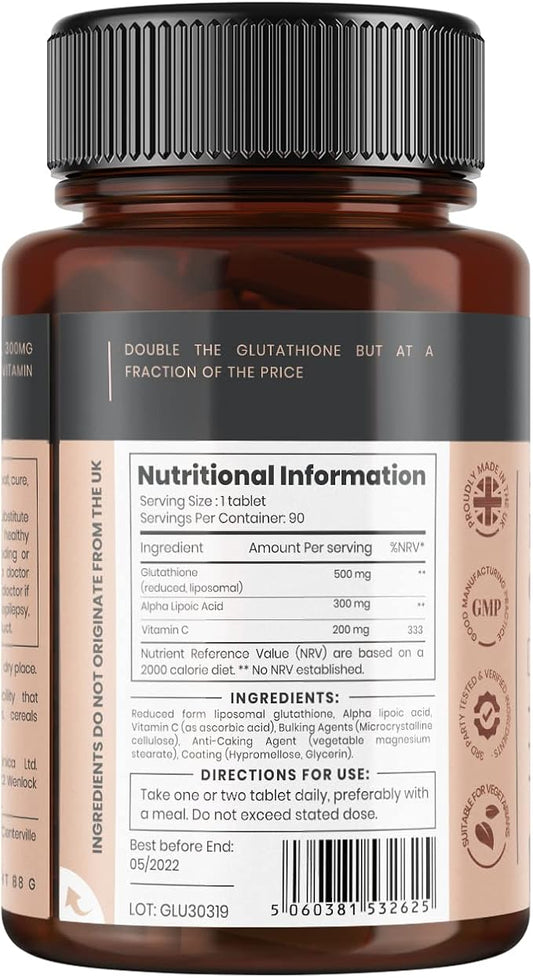 pureclinica Double Strength Glutathione 500mg x 60 Tablets 2 Bottles (120 Tablets). 500mg Reduced 300mg Vitamin 200mg Alpha 200% Stronger