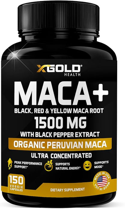 X Gold Health Organic Maca Root Powder Capsules 1500mg with Black | Red & Yellow Peruvian Maca Root Extract Gelatinized, Energy & Mood Supplement for Men & Women + Black Pepper for Best Benefits