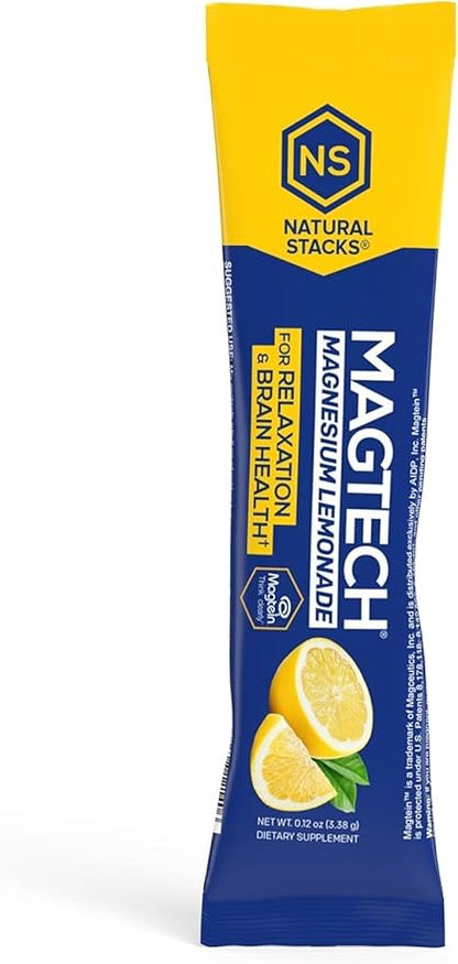 MagTech Magnesium Lemonade Drink Mix - Chelated Magnesium Complex - 3 Forms of Magnesium: Magtein Magnesium L-Threonate, Glycinate & Taurate - Supports Relaxation & Brain Health*, 20 Stick Packs