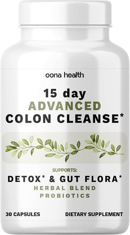 15 Day Advanced Colon Cleanse, Probiotics & Natural Herbs, Supports Detox & Gut Flora for Women & Men, with Cascara Sagrada, Psyllium Husk & Senna Leaf, 30 Capsules 1-2 Daily | 15 Day Cleanse