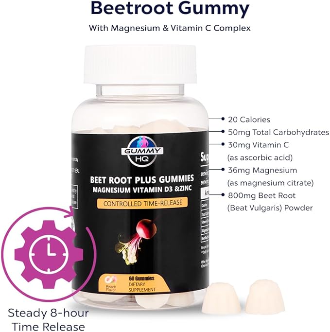 Beetroot Gummies - Magnesium and Vitamin C - Fruit Juice Extract - Gluten Free