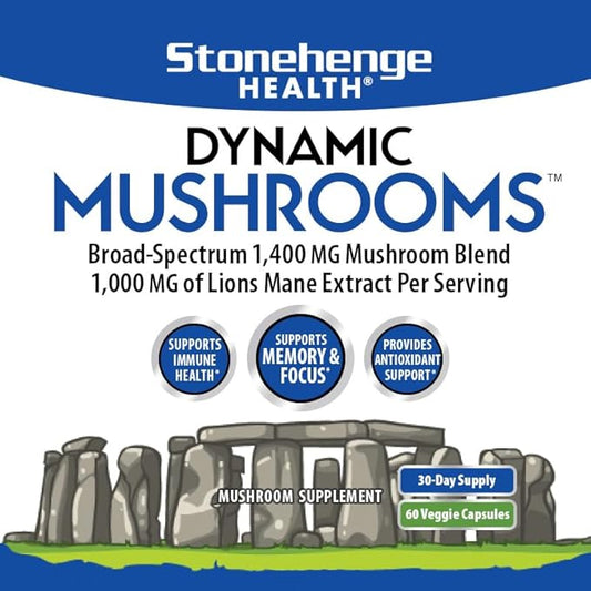 Stonehenge Health Dynamic Mushrooms - 100% Fruiting Bodies & Extracts - Lion’s Mane, Chaga, Maitake, Shiitake, Reishi - Nootropic Brain & Immune System Support - No Mycelium - 60 Veggie Capsules