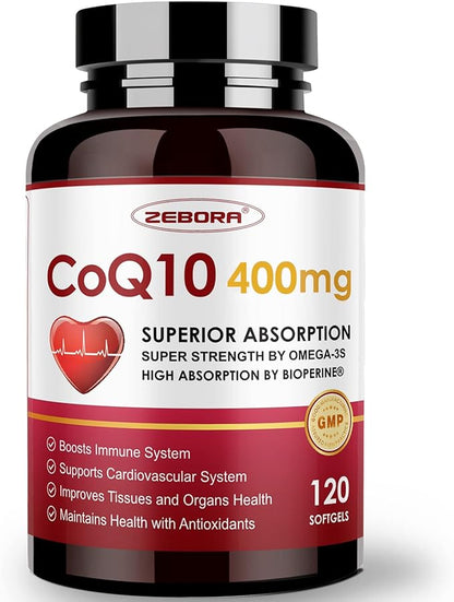 CoQ10-400mg-Softgels with PQQ, BioPerine & Omega-3, Q10(Ubiquinone) Supplement 120 Servings