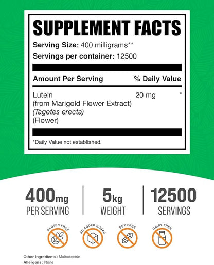 BulkSupplements.com Lutein Powder - from Marigold Flower Extract, Lutein Supplement, Lutein 20mg - Antioxidant Source, Gluten Free, 400mg per Serving, 5kg (11 lbs) (Pack of 5)