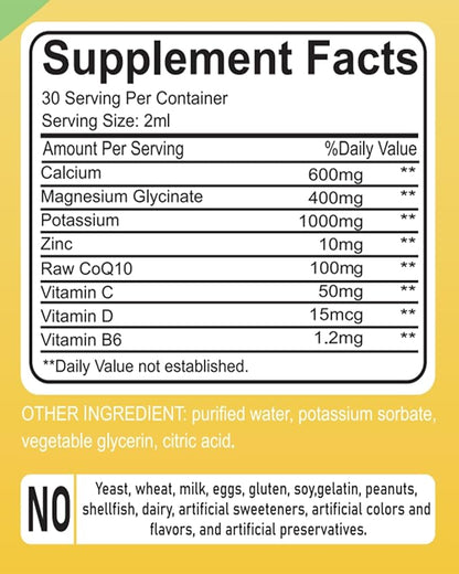 Calcium Magnesium Potassium Supplement Liquid,400mg Magnesium Glycinate,600mg Calcium (60ml/Lemon Flavor)