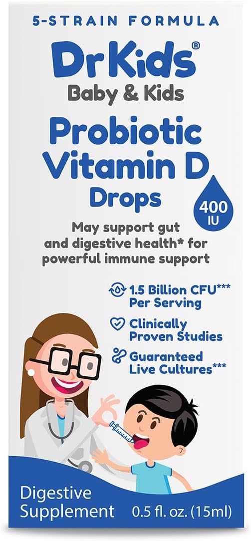 Dr. Kids Probiotic Vitamin D Drops - Supports Infant & Child Gut Health, Helps Reduce Gas, Colic & Fussiness, Baby Probiotic Drops with Vitamin D3, Pediatrician Recommended, Unflavored, 15ml (1 Pack)