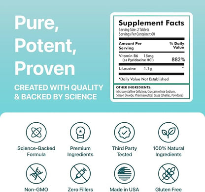LEUSIX Weight Management Supplement – Patented Leucine + Vitamin B6 Formula – Supports Metabolism, Fat Utilization & Lean Muscle – 120 Tablets (1-Month Supply)