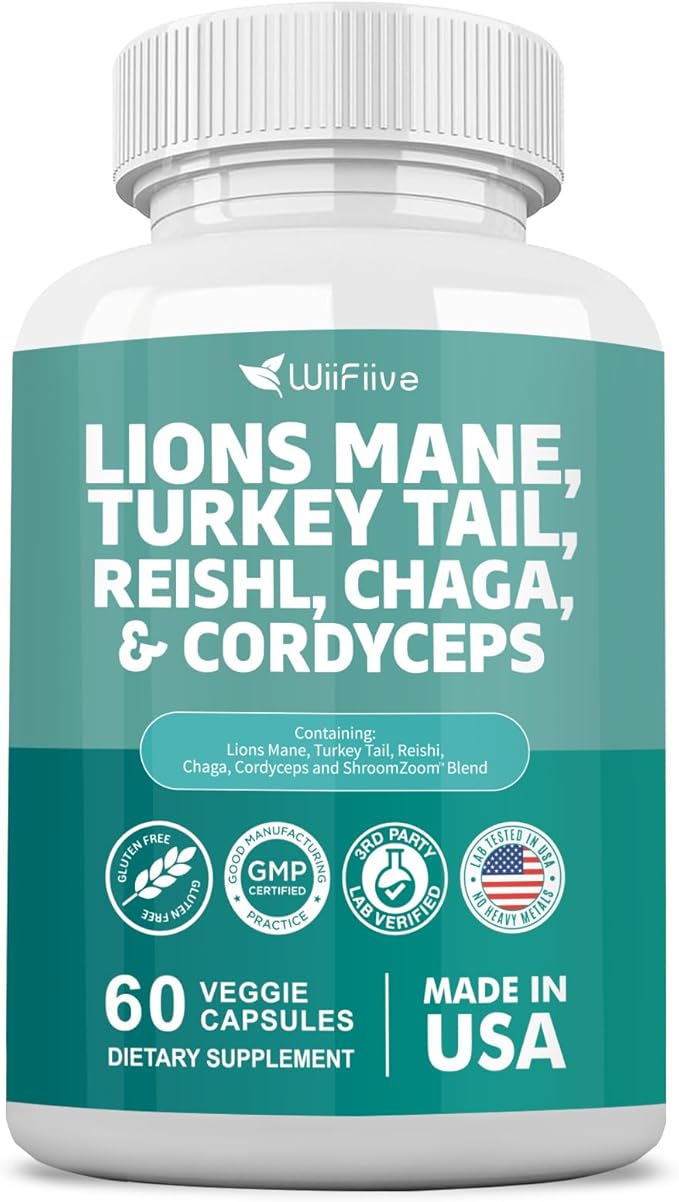 Lions Mane 3000mg Turkey Tail 3000mg 1000mg Chaga 1000mg Cordyceps 60 Capsules