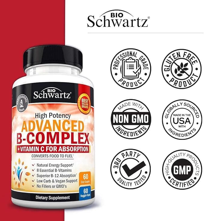 Vitamin B Complex with Vitamin C b12 & B1 B2 B2 B3 B3 B5 B5 B6 B6 B7 B7 B9 B9 for -60ct
