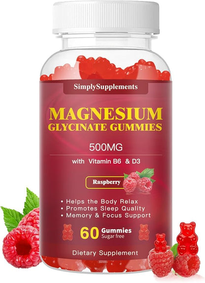 Magnesium Glycinate Gummies 500mg, Chewable Magnesium D3, B6, B6, CoQ10, CoQ10, for 60 Raspberry