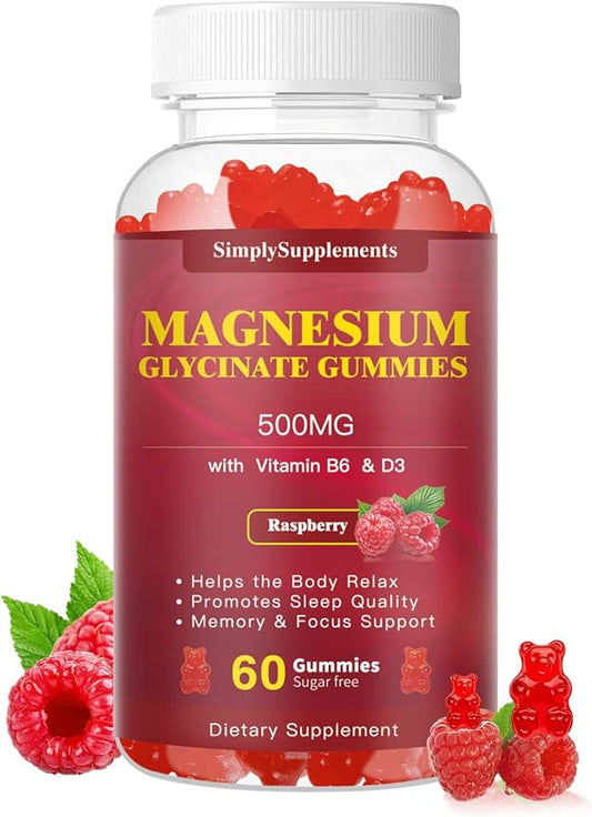 Magnesium Glycinate Gummies 500mg, Chewable Magnesium D3, B6, B6, CoQ10, CoQ10, for 60 Raspberry