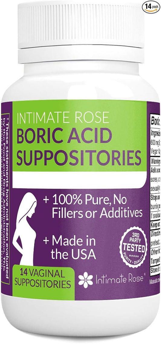 Intimate Rose Boric Acid Suppositories - Manages Odor - Promote pH Balance for Women Vaginal-Health - 14-Count Medical Grade Boric Acid (600mg)