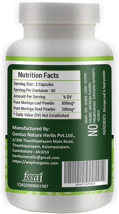 Moringa Oleifera Leaf and Seed Powder (80:20) Ratio 180 Capsules, 90 Servings, 1000 mg. 1.