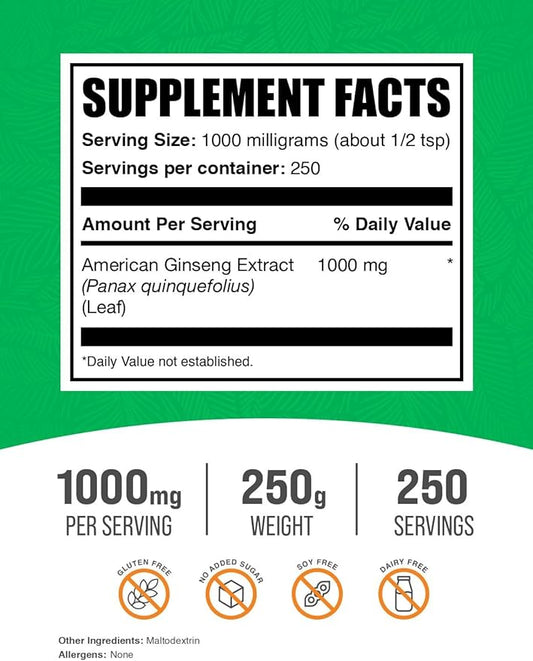 BulkSupplements.com American Ginseng Extract Powder - Ginseng Supplement, American Ginseng Powder, Ginseng Herbal Supplements - Gluten Free, 1000mg per Serving, 250g (8.8 oz) (Pack of 1)