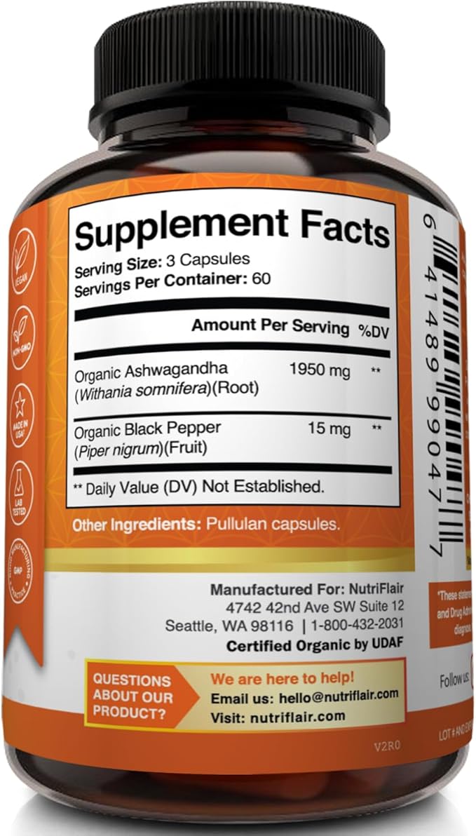 NutriFlair Organic Ashwagandha Root Extract 1950mg, 180 Capsules