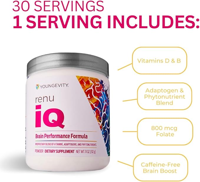 Youngevity Renu iQ™ - Brain Boost, Anti-Aging, Resveratrol Supplement with Grape Skin, Bacopa Monnieri, Rhodiola Root, Polygonum Cuspidatum Root - Natural Energy - (312g)