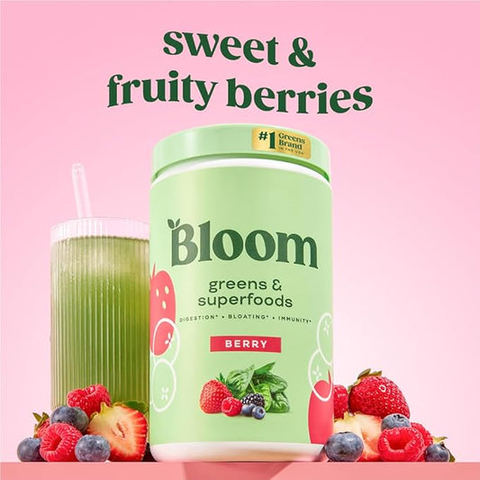 Bloom Nutrition Superfood Greens Powder, Digestive Enzymes with Probiotics and Prebiotics, Gut Health, Bloating Relief for Women, Chlorella, Green Juice Mix with Beet Root Powder, 60 SVG, Berry