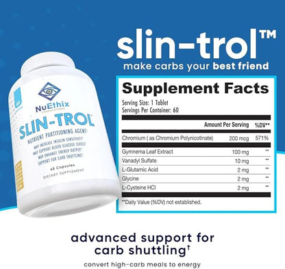 NuEthix Formulations SLIN-Trol, Glucose Disposal Agent Pills for Men & Women, Nutrient Partitioning Supplement with Chromium Polynicotinate, & Glycine, Effective Carb Absorption, Non-GMO, 60 Servings