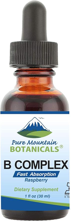 Pure Mountain Botanicals Liquid Vitamin B Complex B12, B6, B6, Thiamin, 1oz Bottle