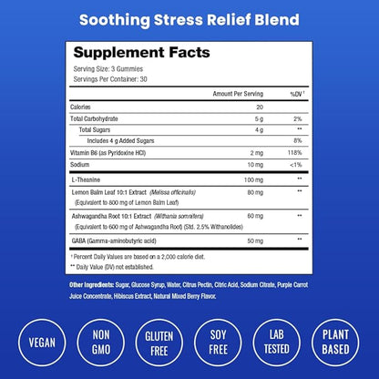 Calm Gummies | Stress Gummies Supplement with Ashwagandha, L-Theanine, GABA, Vitamin B6 & Lemon Balm | Supports Mood, Focus & Stress Relief | Vegan & Non-GMO | Natural Berry | 90 Gummies (2 Pack)