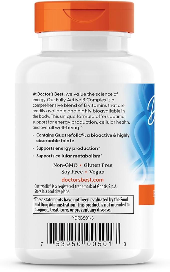Doctor's Best Fully Active B Complex, Energy & Cellular Support, Non-GMO, Gluten Free, Soy Free, Vegan 60 Veggie Caps