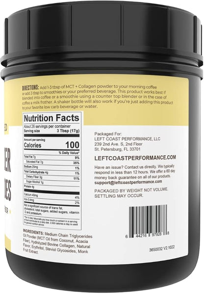 Keto MCT Oil Powder + Collagen + Prebiotic Acacia Fiber, Vanilla Flavor, 16oz. MCT Oil Powder from Coconuts. Grass Fed Collagen, Perfect for Keto, 0 Net Carb, Stevia, Erythritol, Powdered Drink