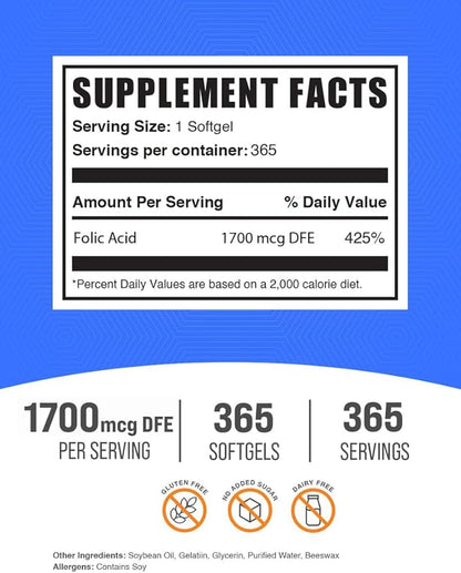 BulkSupplements.com Folic Acid Softgels - Vitamin B9, Folic Acid Supplement, Folic Acid 1700 mcg - Folate Supplement, Gluten Free, 1 Softgel per Serving, 365 Count (Pack of 1)