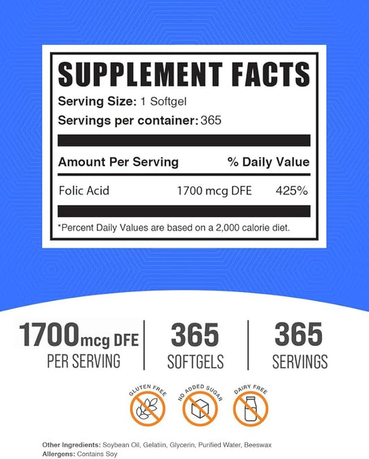 BulkSupplements.com Folic Acid Softgels - Vitamin B9, Folic Acid Supplement, Folic Acid 1700 mcg - Folate Supplement, Gluten Free, 1 Softgel per Serving, 365 Count (Pack of 1)
