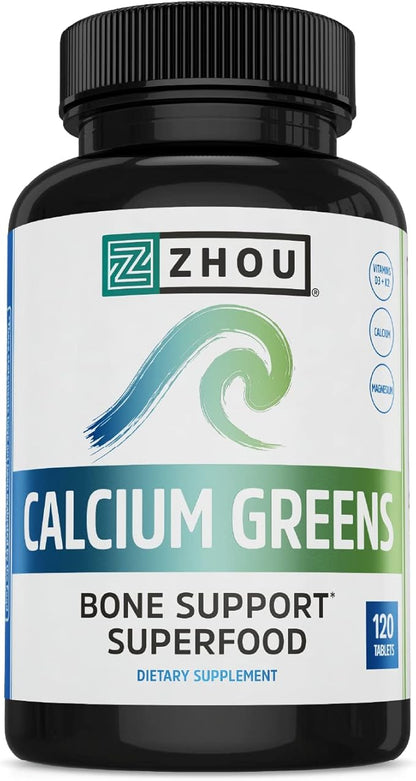 Zhou Nutrition Calcium Greens, Bone Support D3 K2, K2, 1300mg 1300mg of 120 Tablets