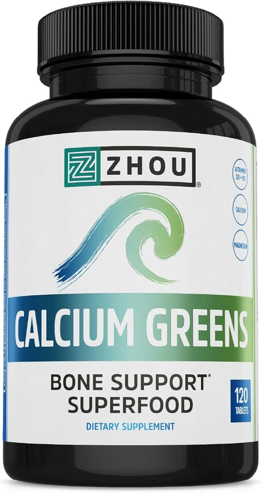Zhou Nutrition Calcium Greens, Bone Support D3 K2, K2, 1300mg 1300mg of 120 Tablets